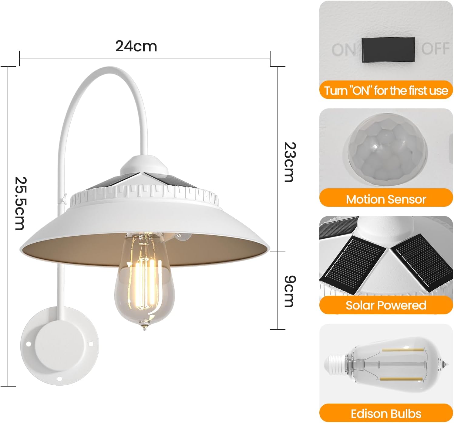 Solar Gooseneck Lights Outdoor Waterproof - Motion Sensor Rustic Vintage Porch Lights with Clear Glass LED Edison Bulbs and 4 Solar Panels for Barn,Patio,Coop,Shed and Courtyard(White 2P)