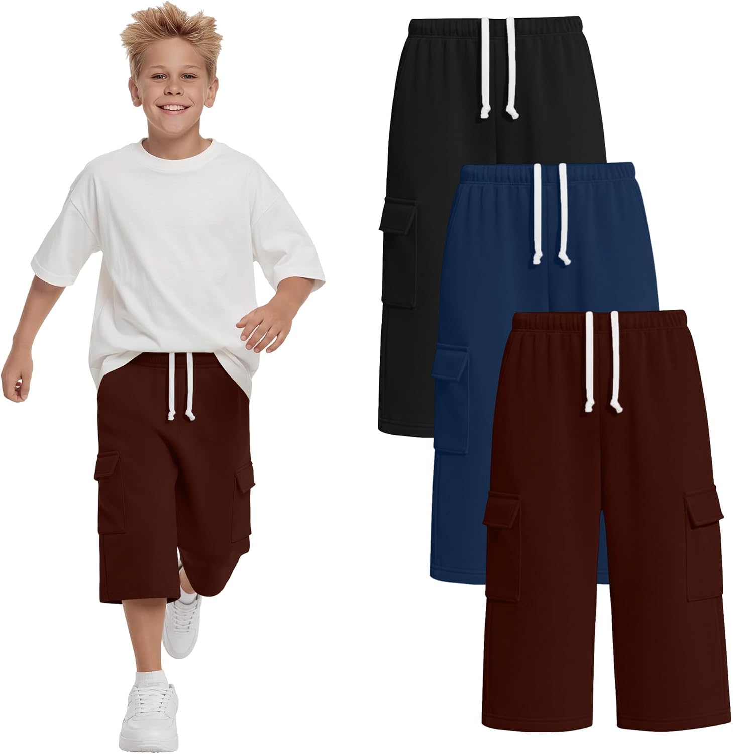 3 Pack Boys Cargo Capri Pants 6-16 Years with 4 Pockets Wide Leg Loose Elastic Waist Drawstring Shorts Sweatpants