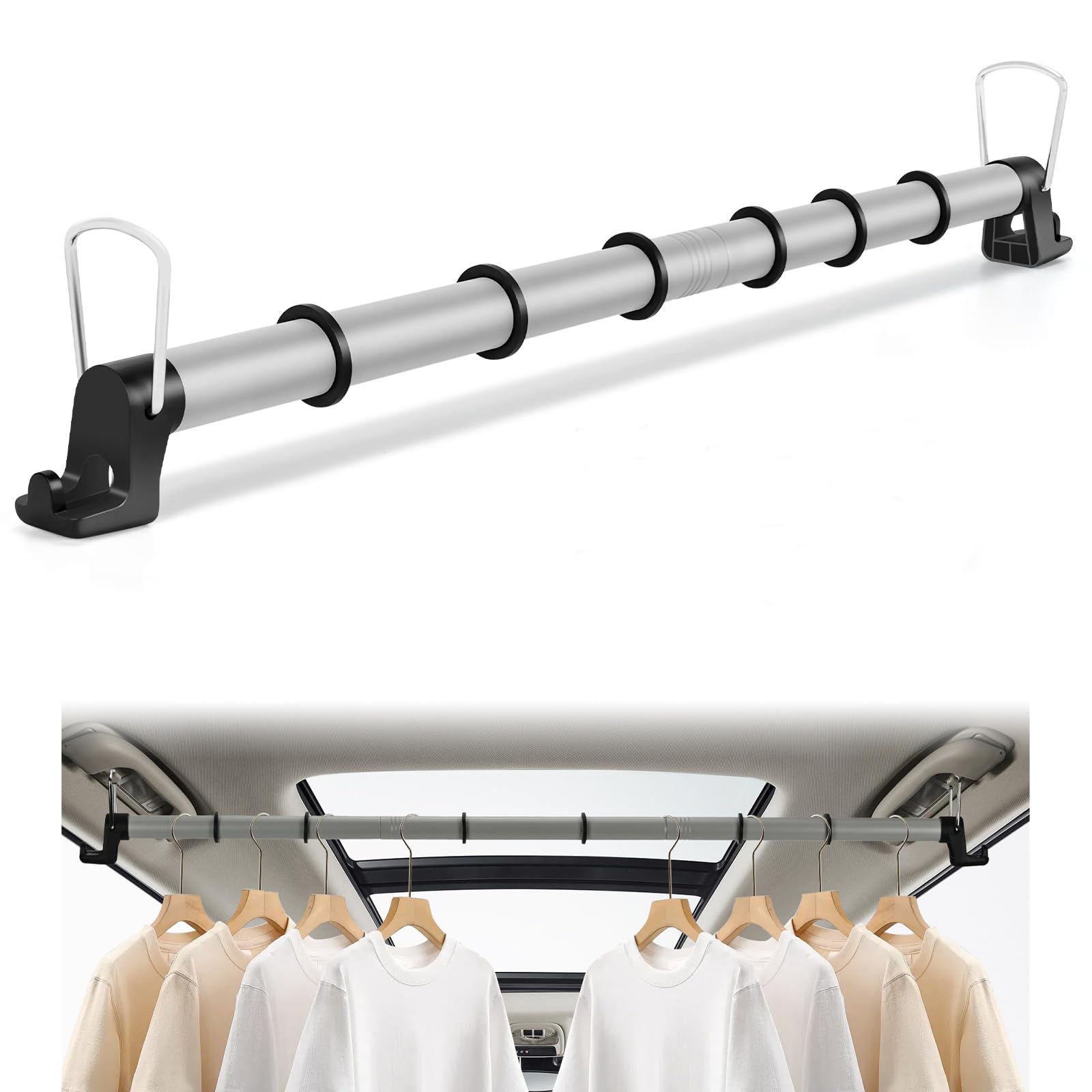 Car Clothes Hanger Bar Heavy-Duty Wrinkle Free Clothes Rack for Car Adjustable 30-64 Inches Automotive Travel Hangers for SUVs, Vans, Trucks, RVs (Gray)