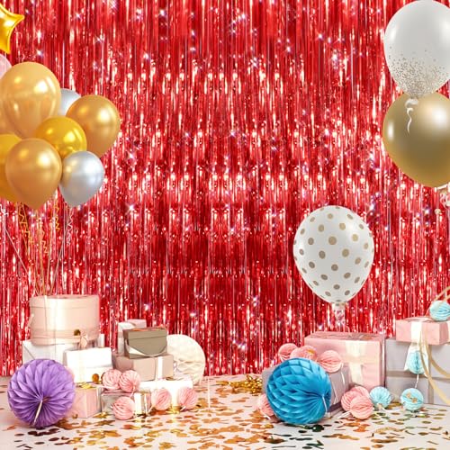 Image of GCB 2 Pack Red Tinsel Backdrop, Fringe Curtains, Red Foil Tinsel Party Streamer Backdrop Curtains for Valentines Day, Wedding Photo Backdrop Party Decorations for Wedding Anniversaries Bridal Shower