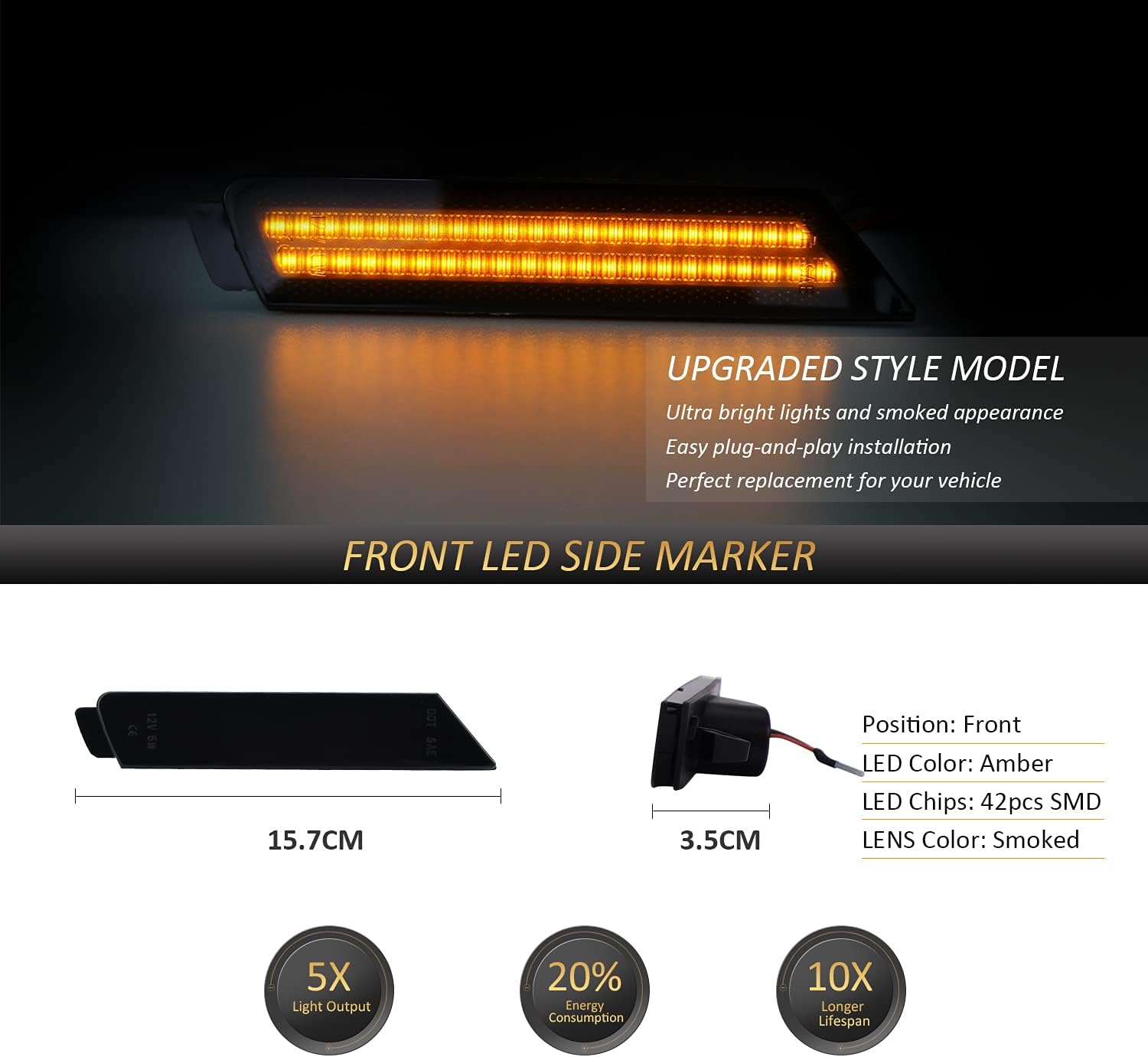 BMW Amber Front Car & Truck Side Marker Light Assemblies Amber LED Side Marker Lights For 2010-2015 Chevy Camaro SS Style - Front Reflectors 2010-2015 Camaro Lights - Foto 13