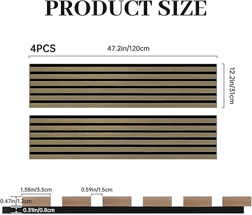 Miniatura 2 de 4 paneles de listones de chapa de madera acústica, paneles insonorizados de 47.2 x 12.2 pulgadas, paneles de pared de madera empalmada 3D sin