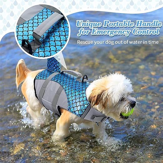 MUGATH Polyester Dog Life Jacket | Adjustable Dogs Swimming Vest with Shark Fin, Safety High Visibility Pet Floatation Vest Life Preserver for Dogs for Swimming and Boating (L, Blue) 3