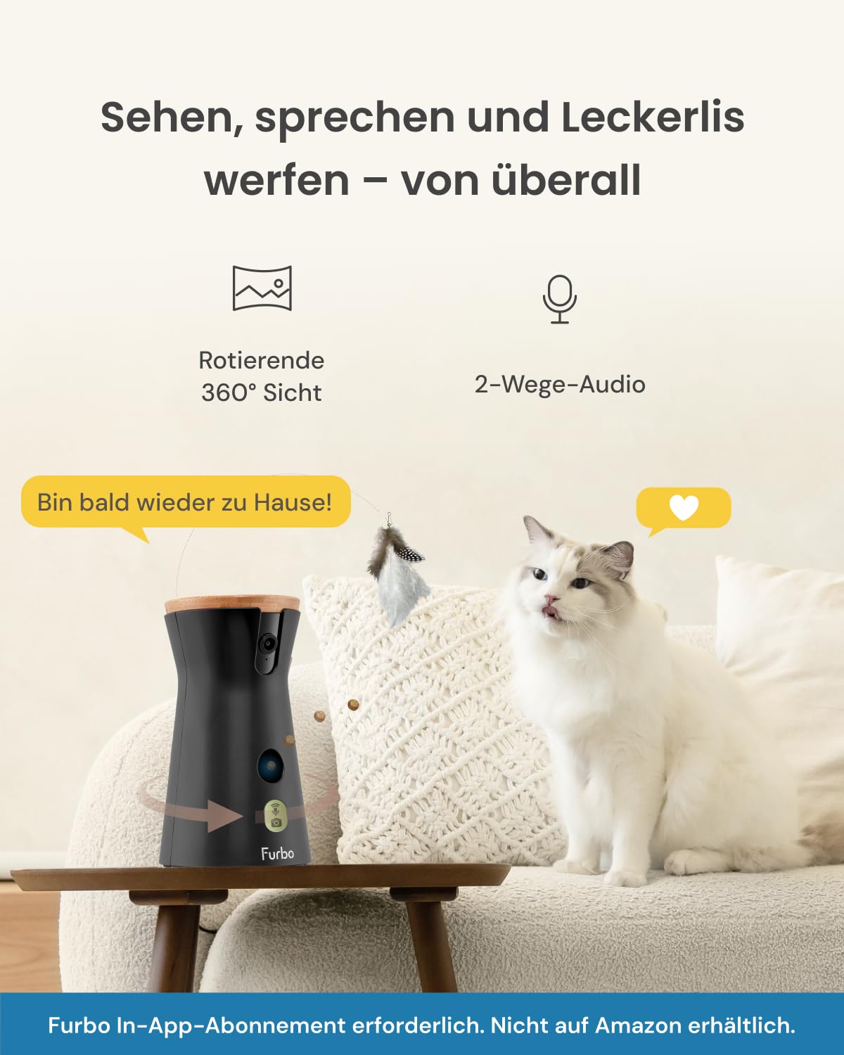 Furbo 360° Katzenkamera mit Heimsicherheits-Paket [Premium MIT ABO]: Intelligente Kamera mit App für Katze & Heim, Rotierende 360° Sicht, Farbnachtsicht, Tracking, Leckerliwurf, Miauen-Alarm UVM.