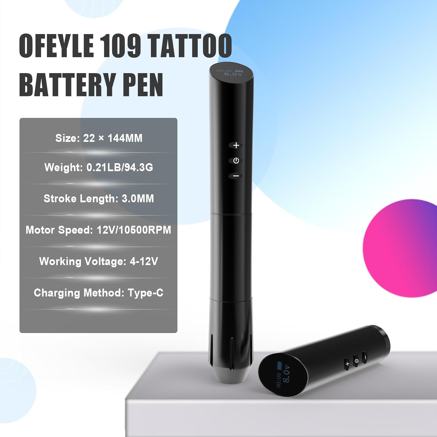 109 Wireless Tattoo Pen Machine Rotary Tattoo Gun with 2PCS Replaceble Batteries Coreless Motor Digital Display Cartridge Battery Pen Permanent Makeup Tattoo Supply for Tattoo Artist (Black)