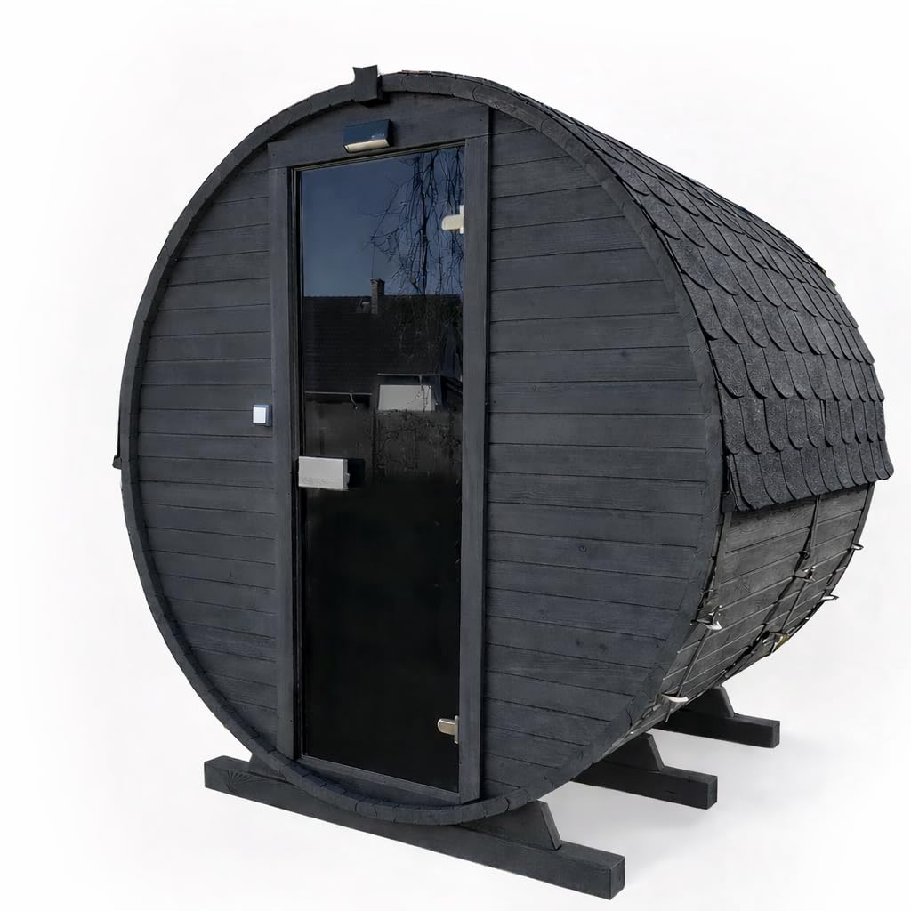 Gartensauna Fasssauna aus Holz für 4 Personen, Rund | Mit LED-Beleuchtung Außensauna für Garten & Terrasse (Dachfarbe: Graphit, Anthrazit)