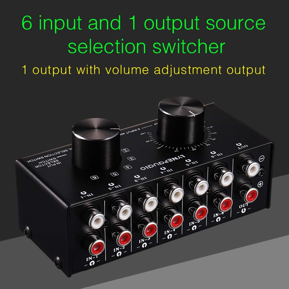 Conmutador de 6 entradas y 1 salida, conmutador de fuente de audio RCA, interruptor selector de señal de entrada de audio con ajuste de volumen e interruptor manual
