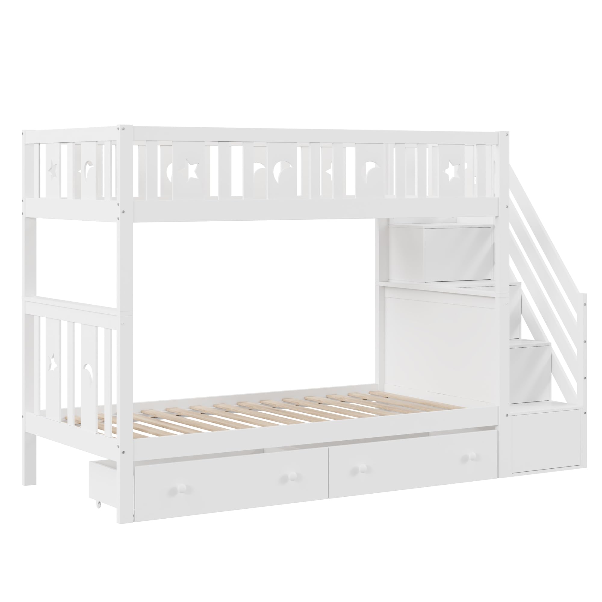 Moimhear Lettino per bambini, 90x200 cm, letto a castello in legno massiccio, con scala di sicurezza, scala con spazio di archiviazione, due grandi cassetti e rete a doghe, trasformabile in 2 piccoli