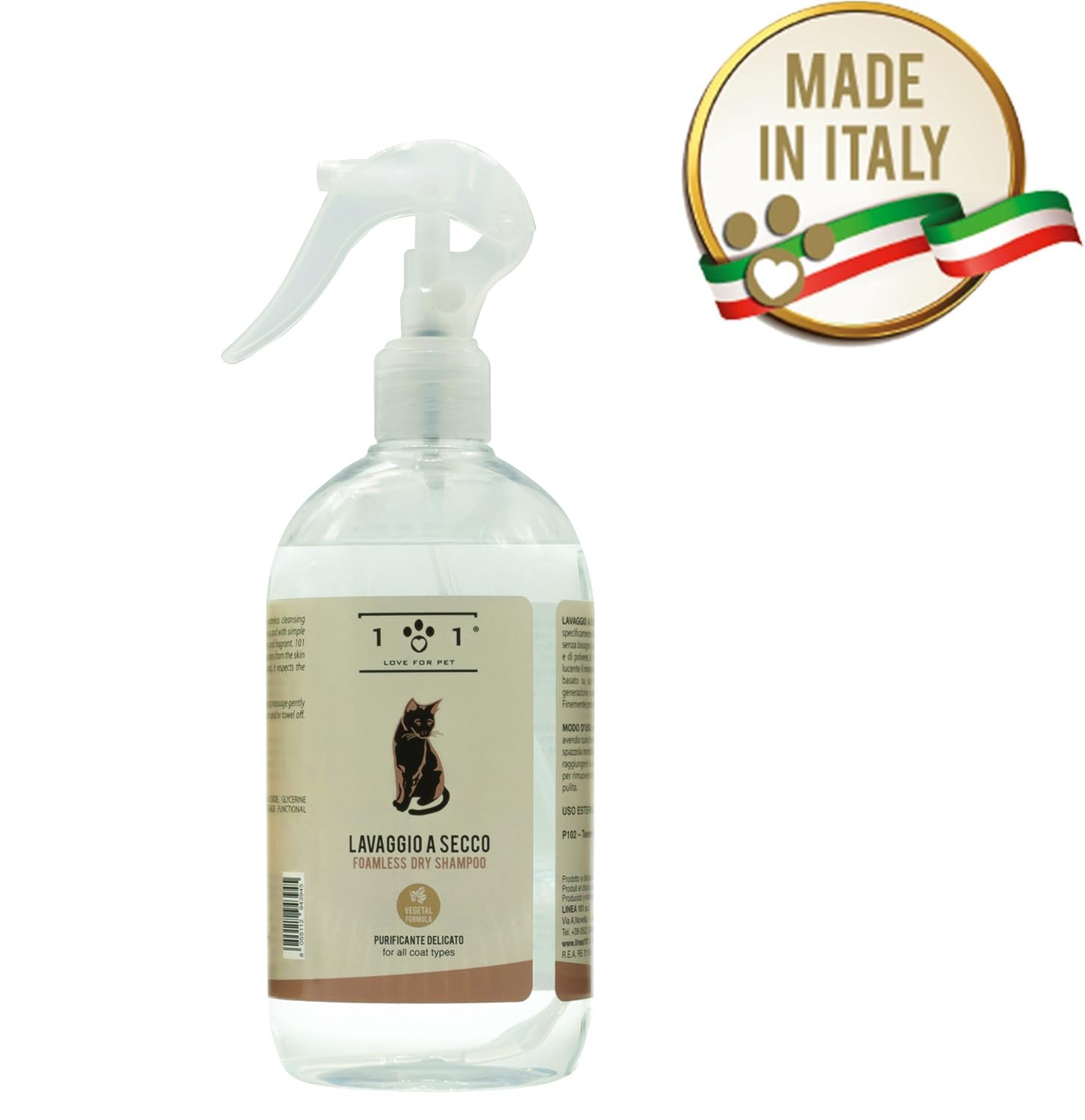 Shampoo a Secco Naturale e Vegetale per Gatto - Senza Bisogno di Acqua o Risciacquo - per Un Lavaggio a Secco Efficace, Linea 101 (500ml)