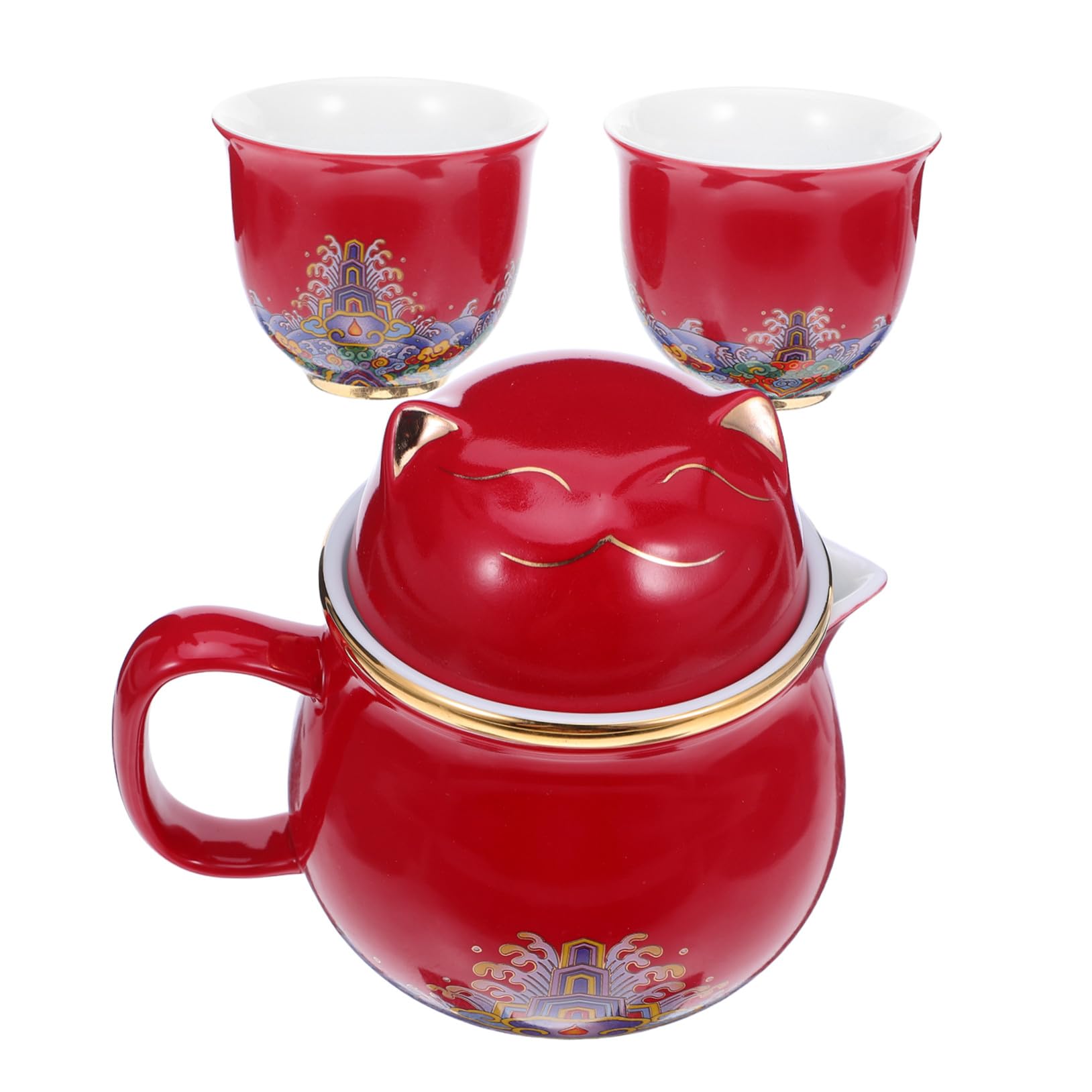 Service à thé porcelaine chat doré avec théière nomade pour bureau et voyage
