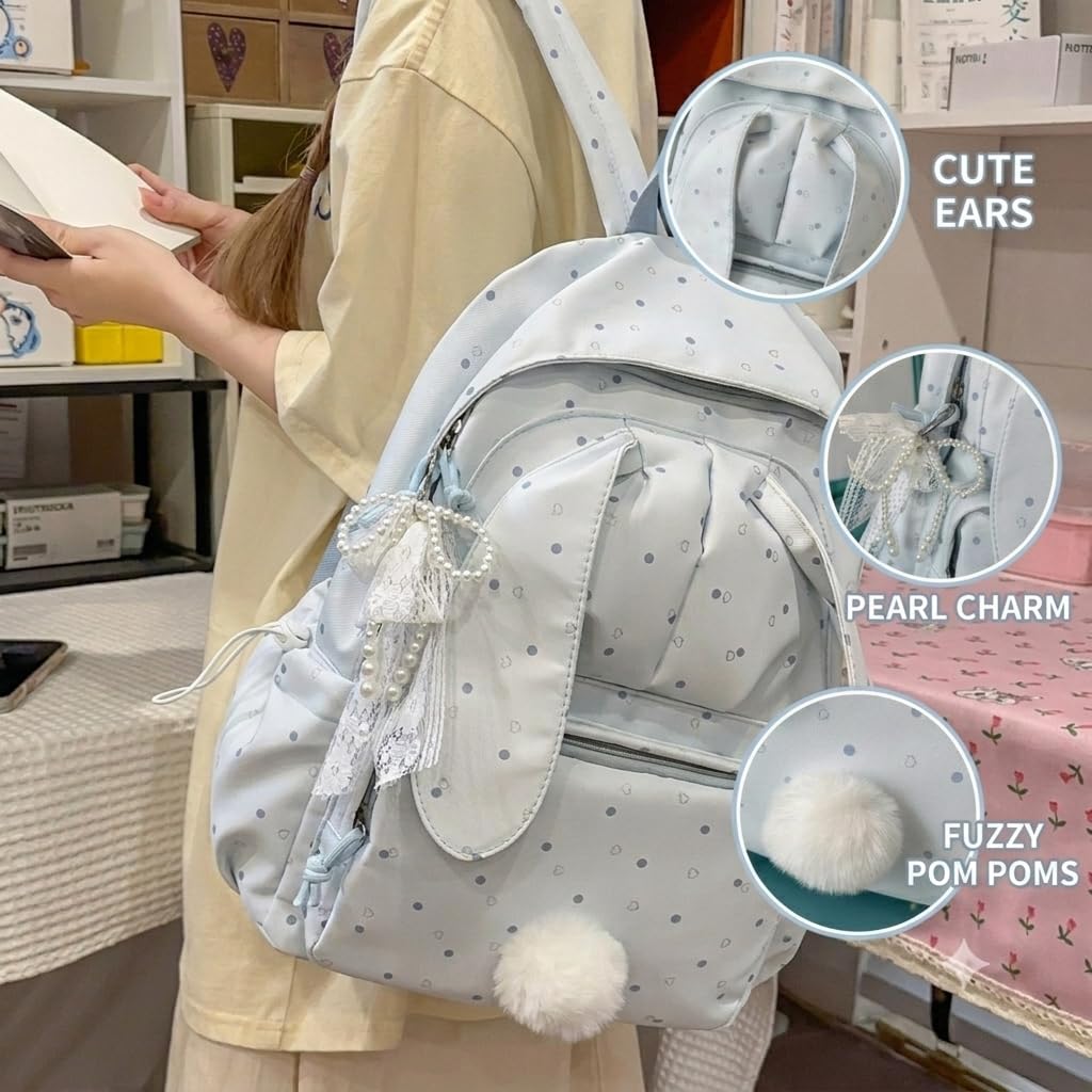Süßer Rucksack Mädchen mit Hasenohren, Großer Schulrucksack Wasserdicht für Teenie Mädchen, Niedlicher Kawaii Schultasche für Schule, Freizeit und Alltag (Schwarz)