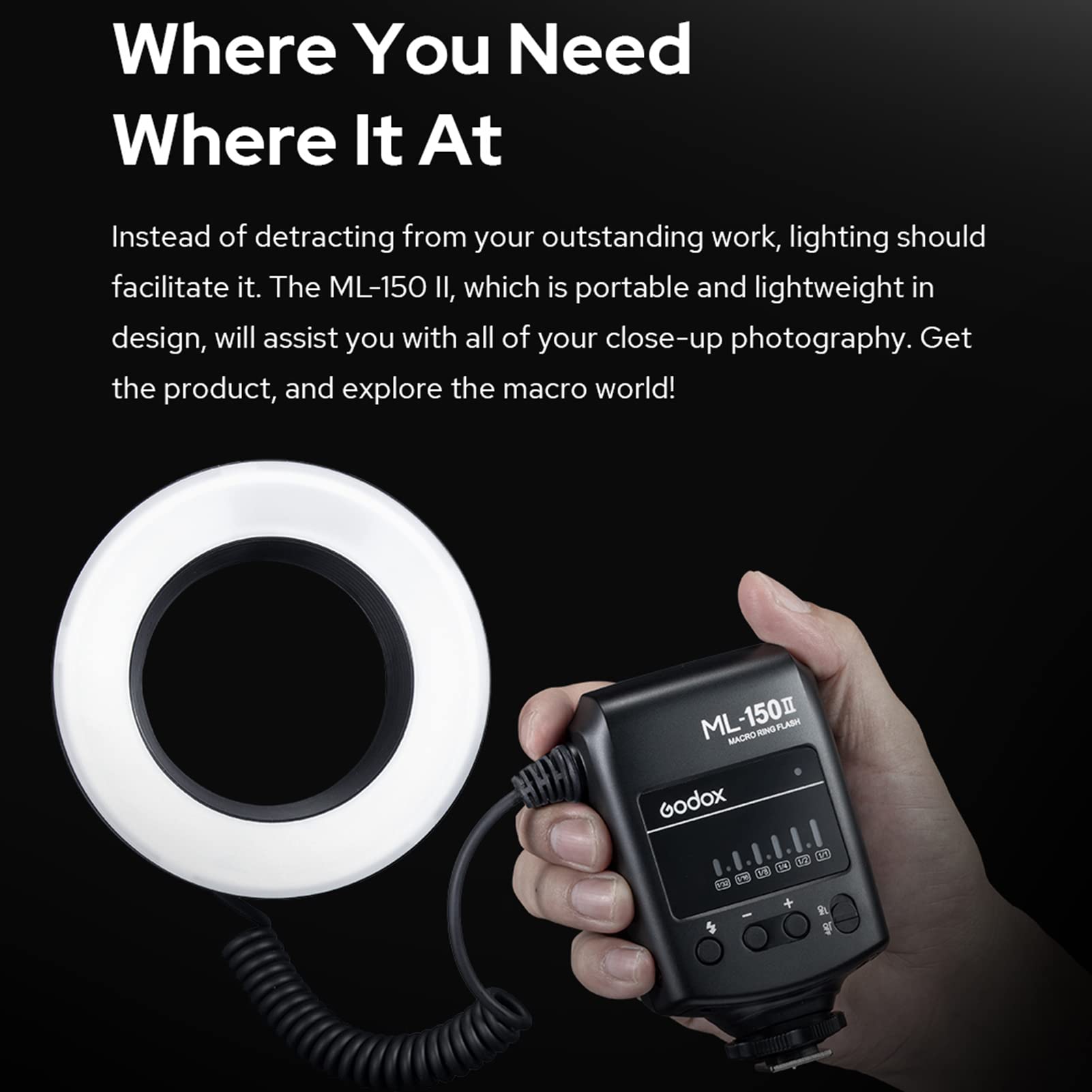 Godox ML-150II Universale Macro Ring Flash Light 11 Livelli Luminosità Regolabile GN12 Riciclo Veloce con 8pcs Anelli Adattatore di Ricambio per Canon Nikon Sony DSLR Camera