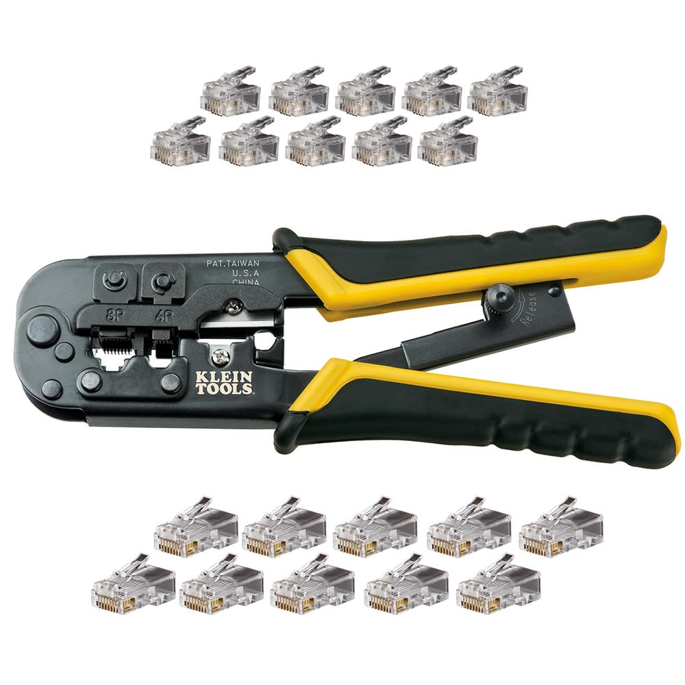 Klein Tools VDV226-817 Modular Installation Kit, Ratcheting Crimper/Stripper, RJ11/RJ45 Plugs, CAT5e Connector, for Voice/Data/Video