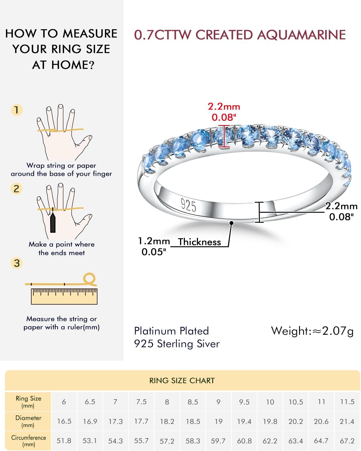 DAYBYDAY Birthstone Etenity Rings for Women, 925 Sterling Silver Ruby/Aquamarine/Emerald/Sapphire Eternity Band Ring, 12 Month Birthstone Stackable Rings 2.2mm Wedding Band - Image 6