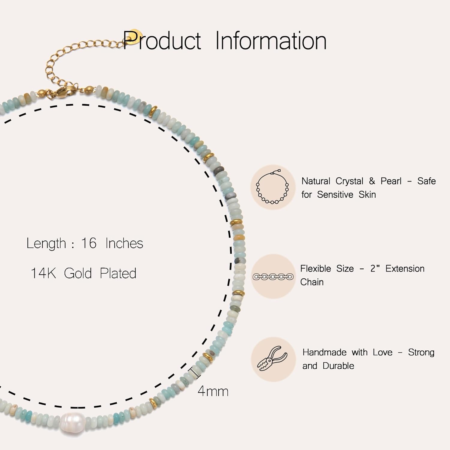 Beaded Necklace for Women, Colorful Gemstone Freshwater Pearl Choker Necklace 14K Gold Natural Stone Handmade Jewelry - Image 3