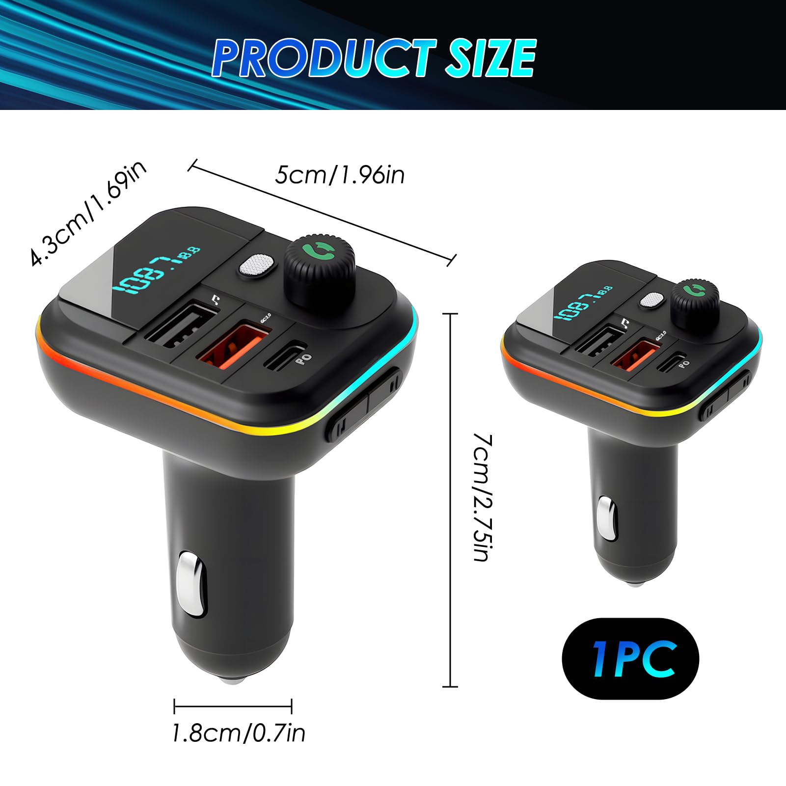 Trasmettitore FM Bluetooth Auto 5.0, Adattatore Bluetooth Audio QC3.0 Ricarica Rapida 2USB y 1PD 18W per Chiamate Vivavoce e Musica, Accendisigari con LED Display, Supporta USB e TF