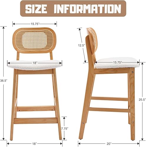 Miniatura 2 de ROCITY Juego de 2 taburetes de bar de ratán, taburetes de bar tapizados de sherpa beige de 26 pulgadas, sillas de isla de cocina de madera natural