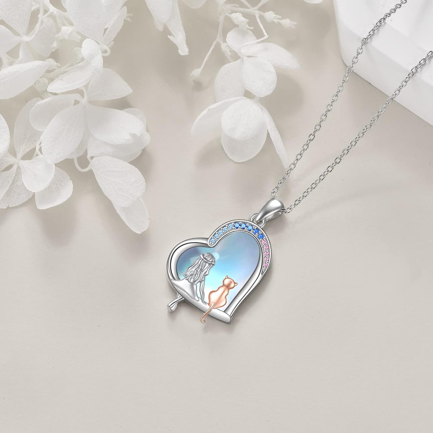 Cat Gifts Necklace for Cat lovers Women Sterling Silver Moonstone Cats Heart Pendant Necklace Jewelry Christmas Gifts - Image 4