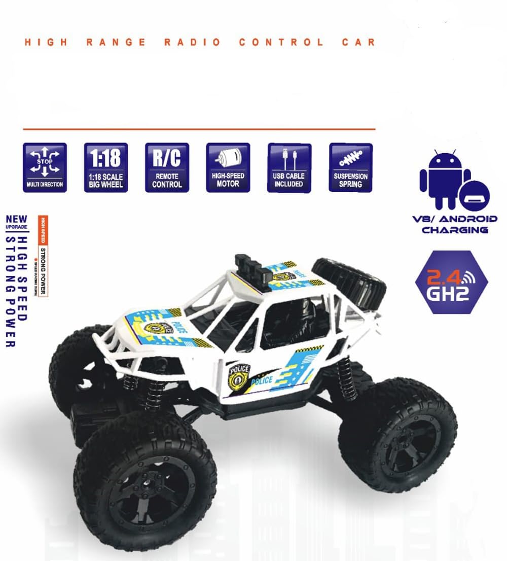 KRIREEN Police Remote Control Rock Crawler 2 WD High Speed Rechargeable Off-Road Monster Truck 2.4GHz Big Wheel RC Cars High Speed Motor Car for Kids, Pack of 1 Set, (Multi-Colored) 2
