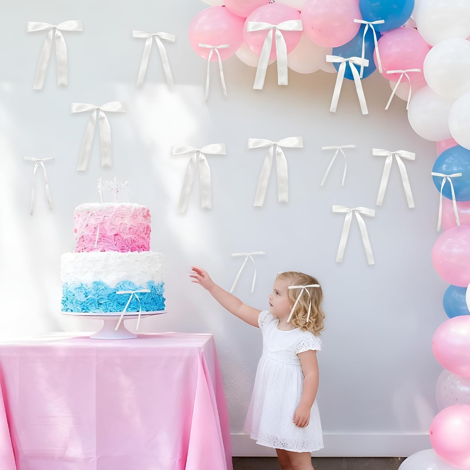 48Pcs White Bow Wall Decor, Satin Ribbon Bow Birthday Decorations Photo Backdrop Party Decor for Birthday Baby Shower Bachelorette Wedding Party Room Bedroom