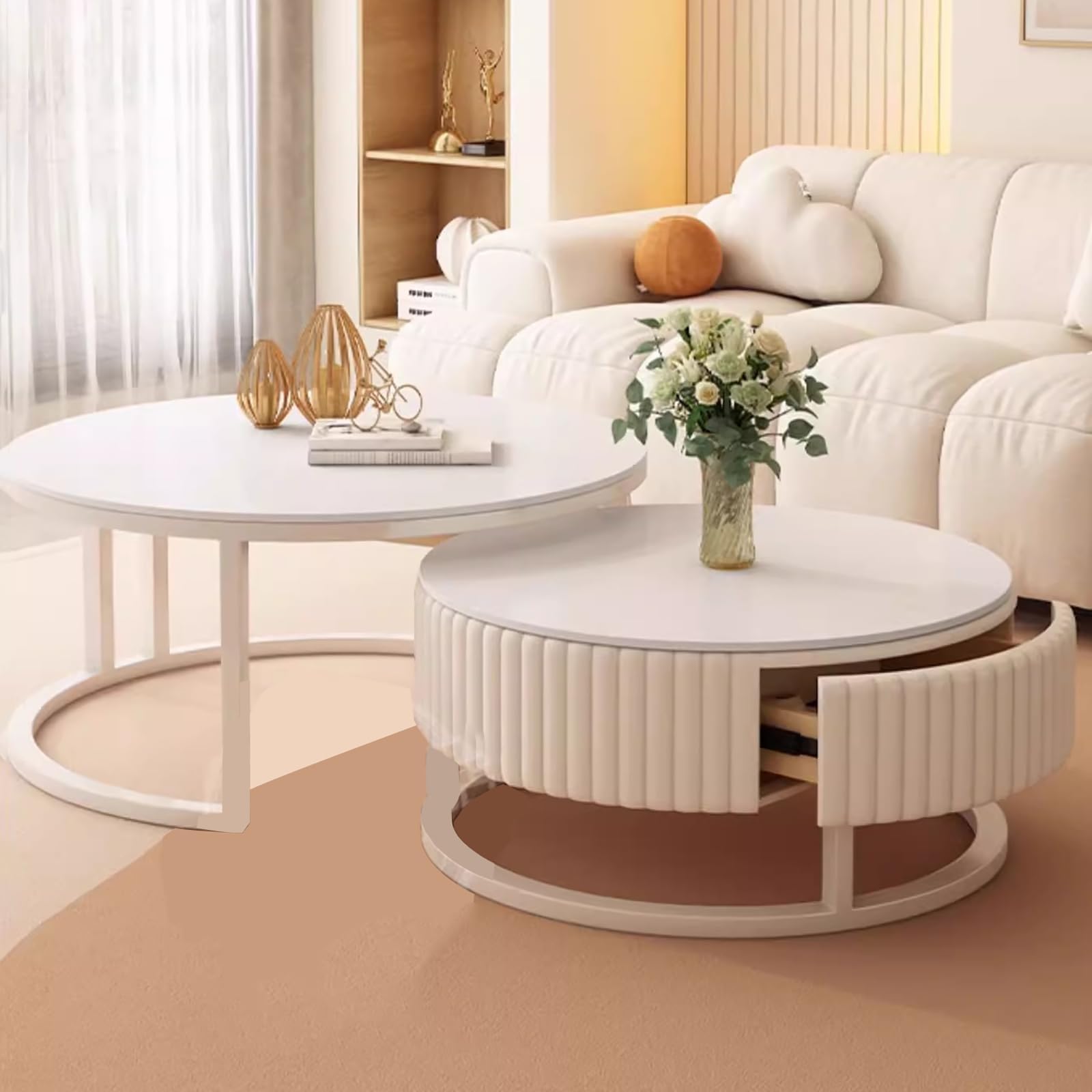 Table basse ronde avec tiroirs de rangement et cadre en métal, lot de 2 tables gigognes
