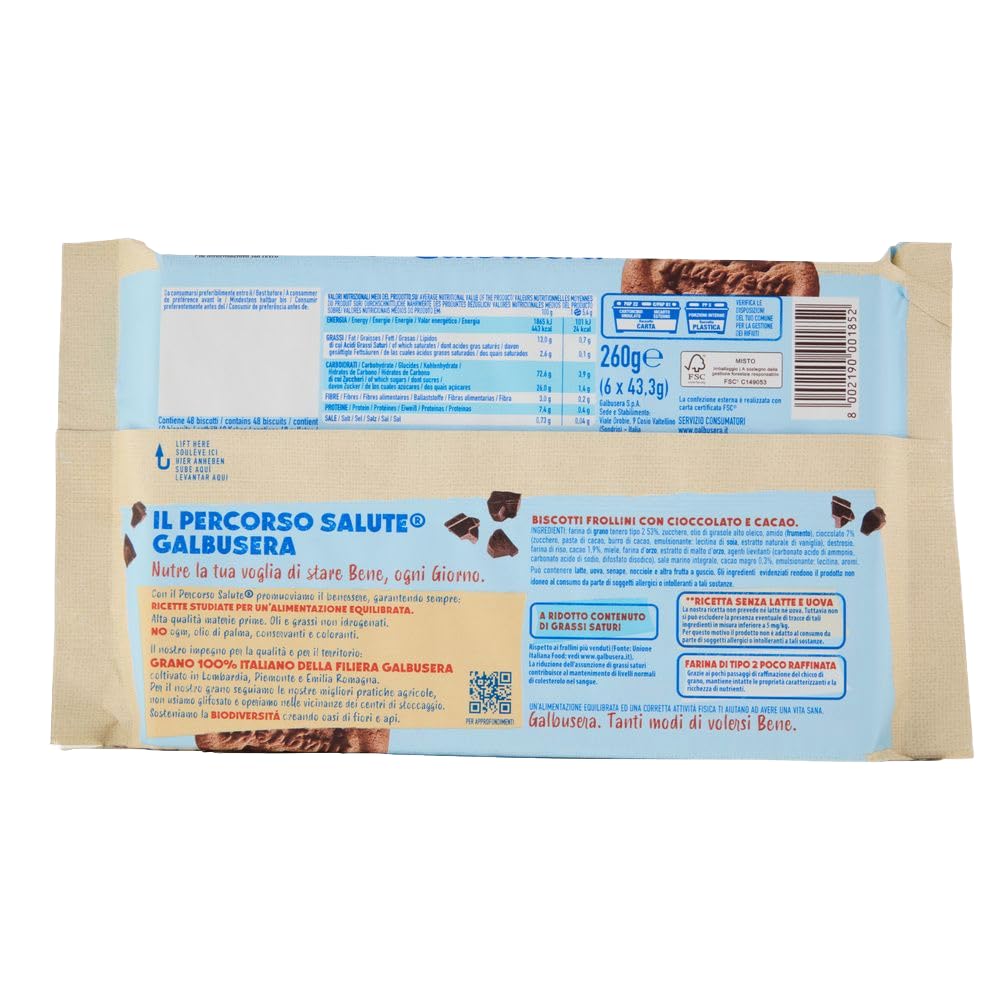 8X Galbusera Magretti Biscotti Frollini con Cacao e Gocce di Cioccolato Senza Latte e Uova 260g