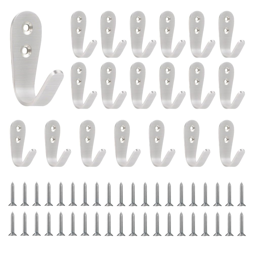 ONEBO 20 Metal Coat Hook Brushed Stainless Steel, Single Hook, Silver J Clothes Hooks, Multi-Purpose Hooks with Screws for Organising Room at Home, Kitchen, Garden, Garage, Bathroom