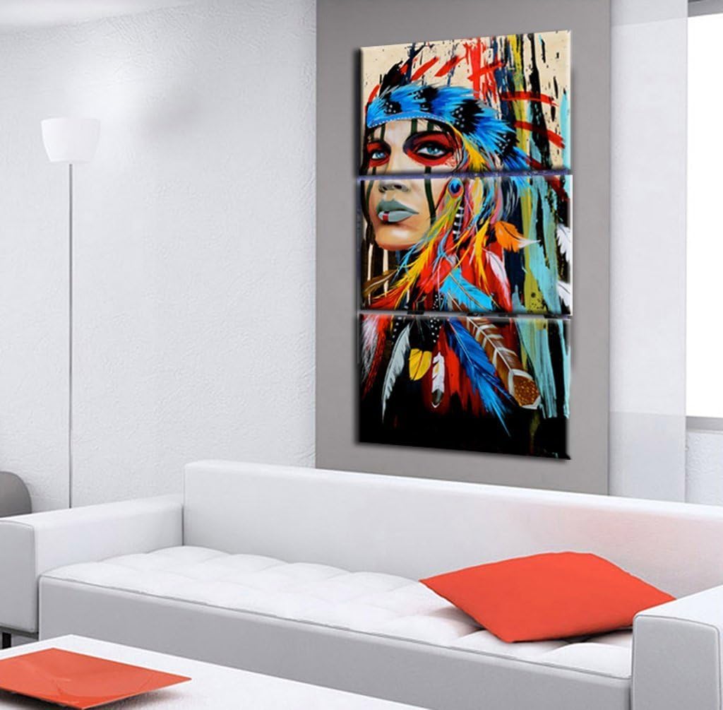 70% оƒƒ Evеrуthіng Native American Painting Indian Canvas Wall Art Indians Woman Girl Colorful Feathered Prints Wrapped on Frames for Home Wall Art Decoration (14x20inchx3 Pieces)