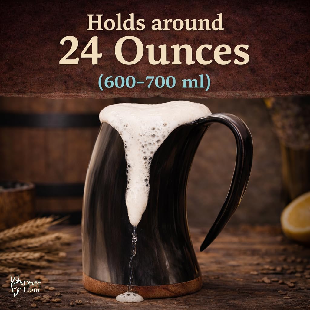 Chope à boire de style Viking Divit | Authentique chope en corne de bière médiévale | Capacité de 700 mL (24 oz) | Coupe en corne de la plus haute qualité (Originale, Polie)