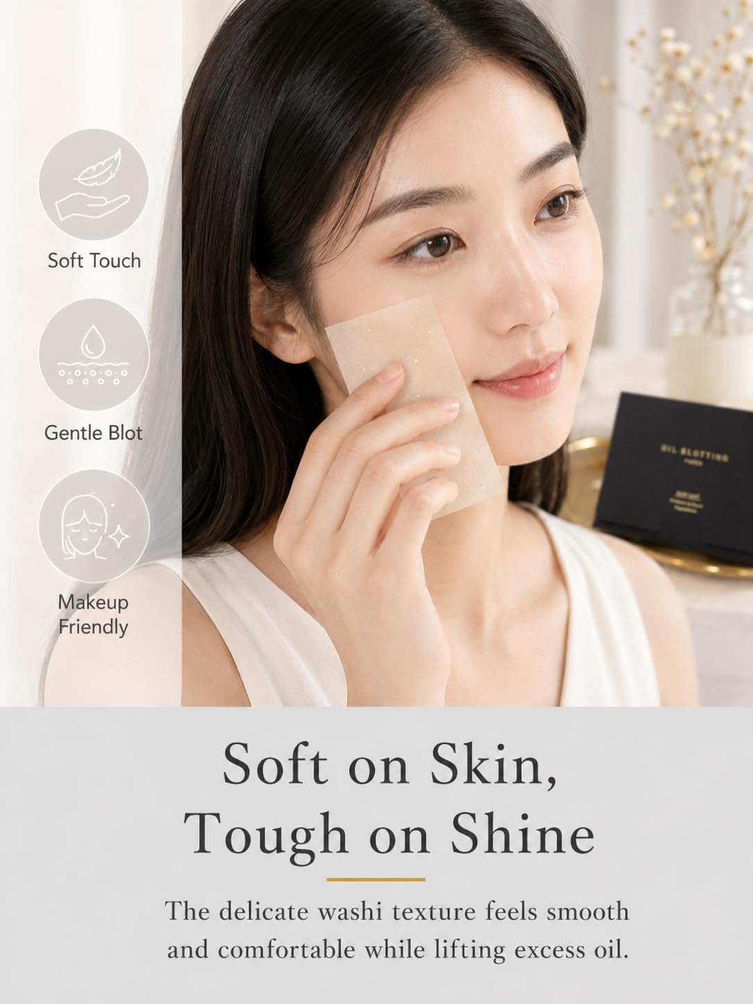 Gold Leaf Look Oil Blotting Paper, 100 Sheets, Made in Japan Aburatorigami, Premium Japanese Face Oil Absorbing Sheets for Oily Skin, Black Gold Foil Package