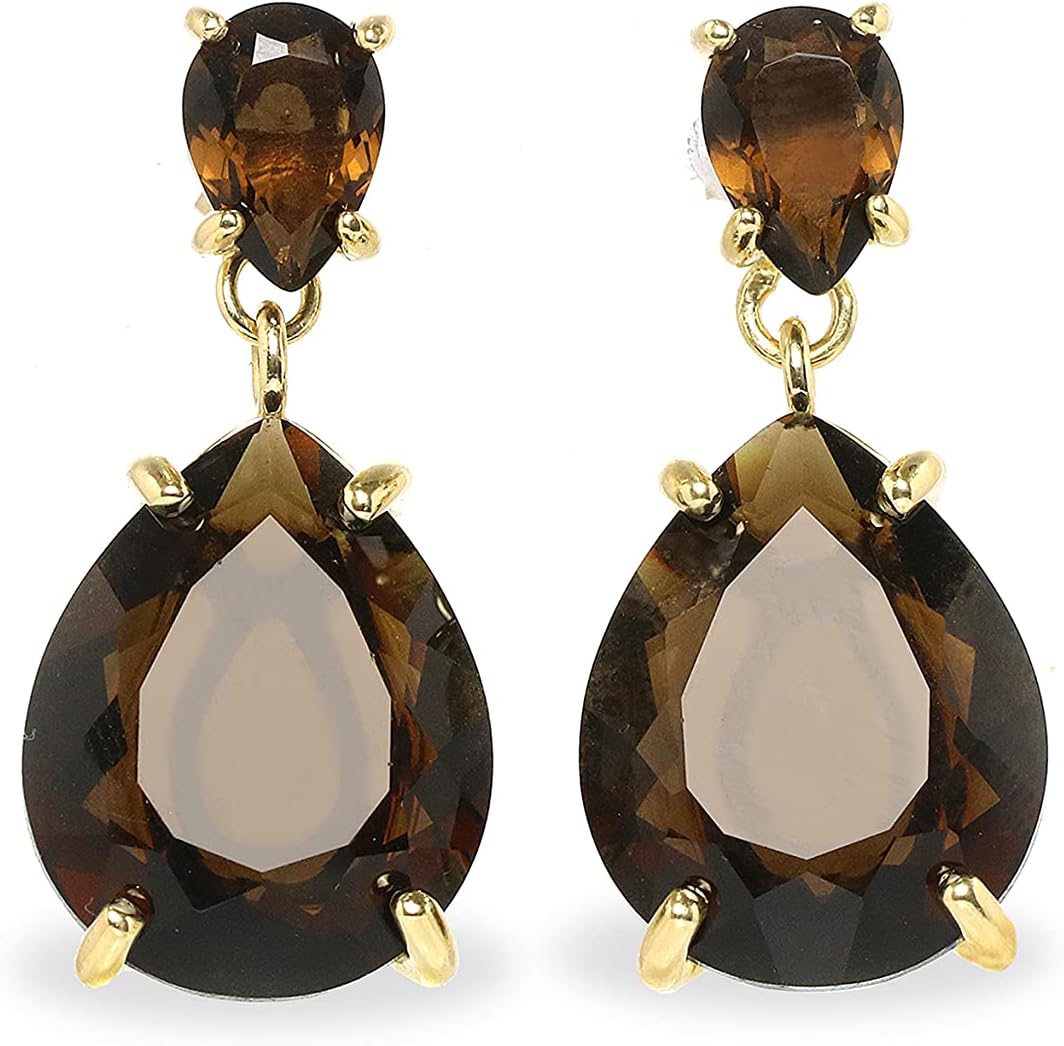 Pear Smoky Quartz Earrings - Statement Gold Long Post Earrings - Lustrous Quartz Jewelry for Women - Earrings for Wedding, Fashion, Birthstone Earrings for Her