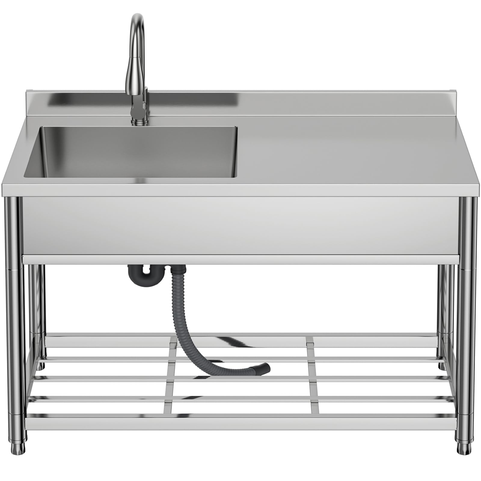 Freistehende Edelstahl Spültisch Gastro mit Werkbank, Gewerbliche Küchenspüle mit Ausziehbarem Wasserhahn, Outdoor Spüle für Küche Garage Waschküche Restaurant, 55T x 120B x 94H cm