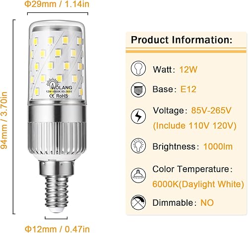 Miniatura 2 de Bombillas LED E12, bombillas LED de candelabro de 12 W, equivalente a 100 W, bombillas de araña blanca diurna de 6000 K, bombillas de ventilador de