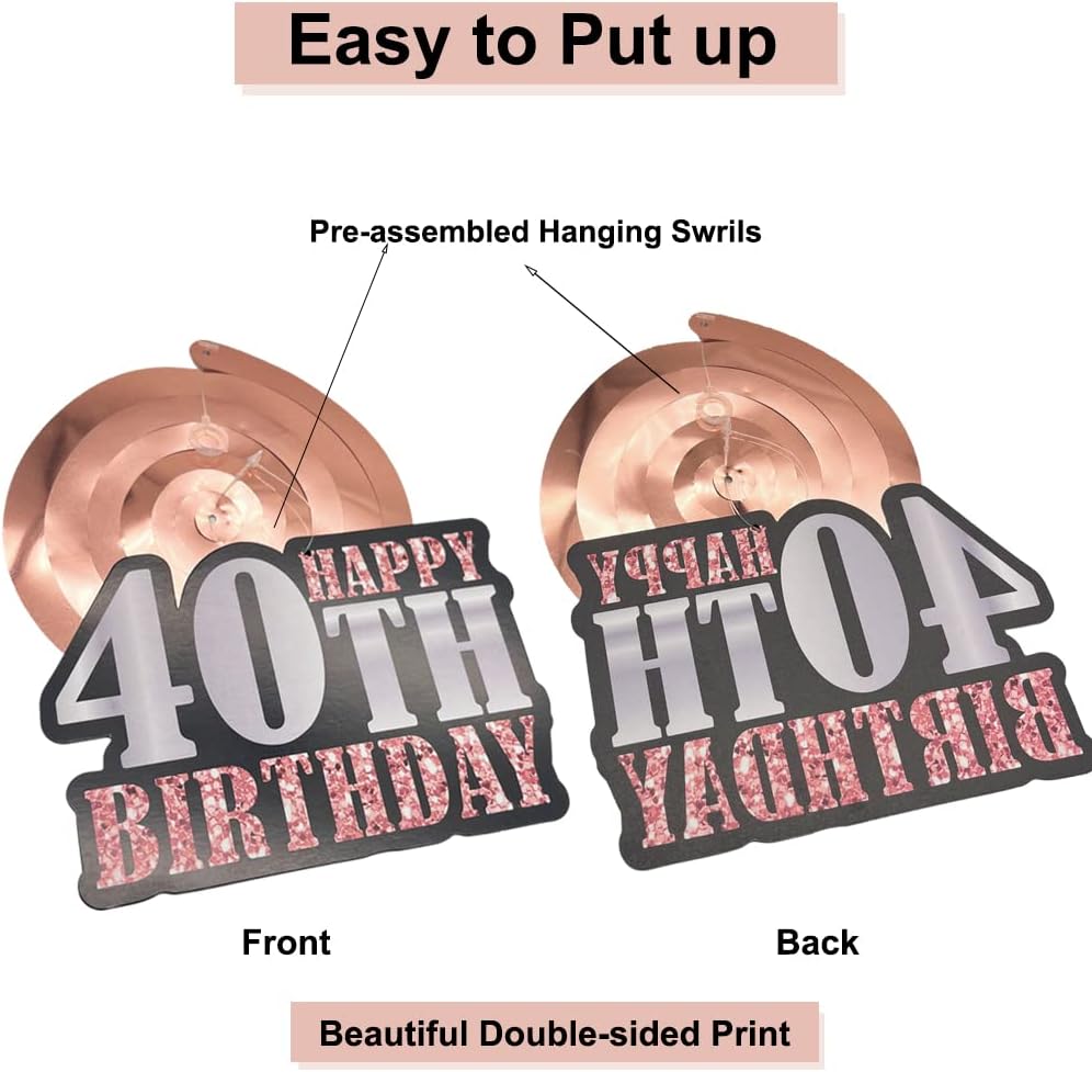 WOJOGO 40th Birthday Decorations for Women, Rose Gold & Black 40 Years Old Birthday Decorations for Women Men Happy 40th Birthday Banner Hanging Swirls Cake Topper Balloons for Party Supplies - Image 4