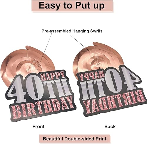 Miniatura 4 de WOJOGO Decoraciones de cumpleaños de 40 años para mujeres, oro rosa y negro, decoraciones de cumpleaños de 40 años para mujeres y hombres, pancarta