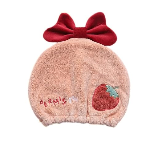 Foyadi Hair Drying Towel for Kids Girls, Cute Cartoon Absorbent Quick Drying Bath Wrap Set for Bathing, Swimming Pool, Soft Microfiber Cap for Curly Long & Wet Hair, Pink Strawberry