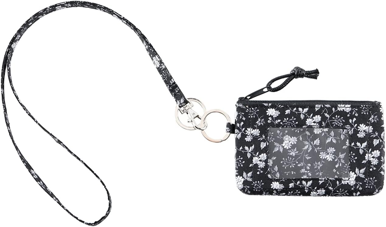 Lam Gallery Fashion Lanyard Wallet ID Badge Holder Lanyards for Office and School(Small Flower Black Gray)