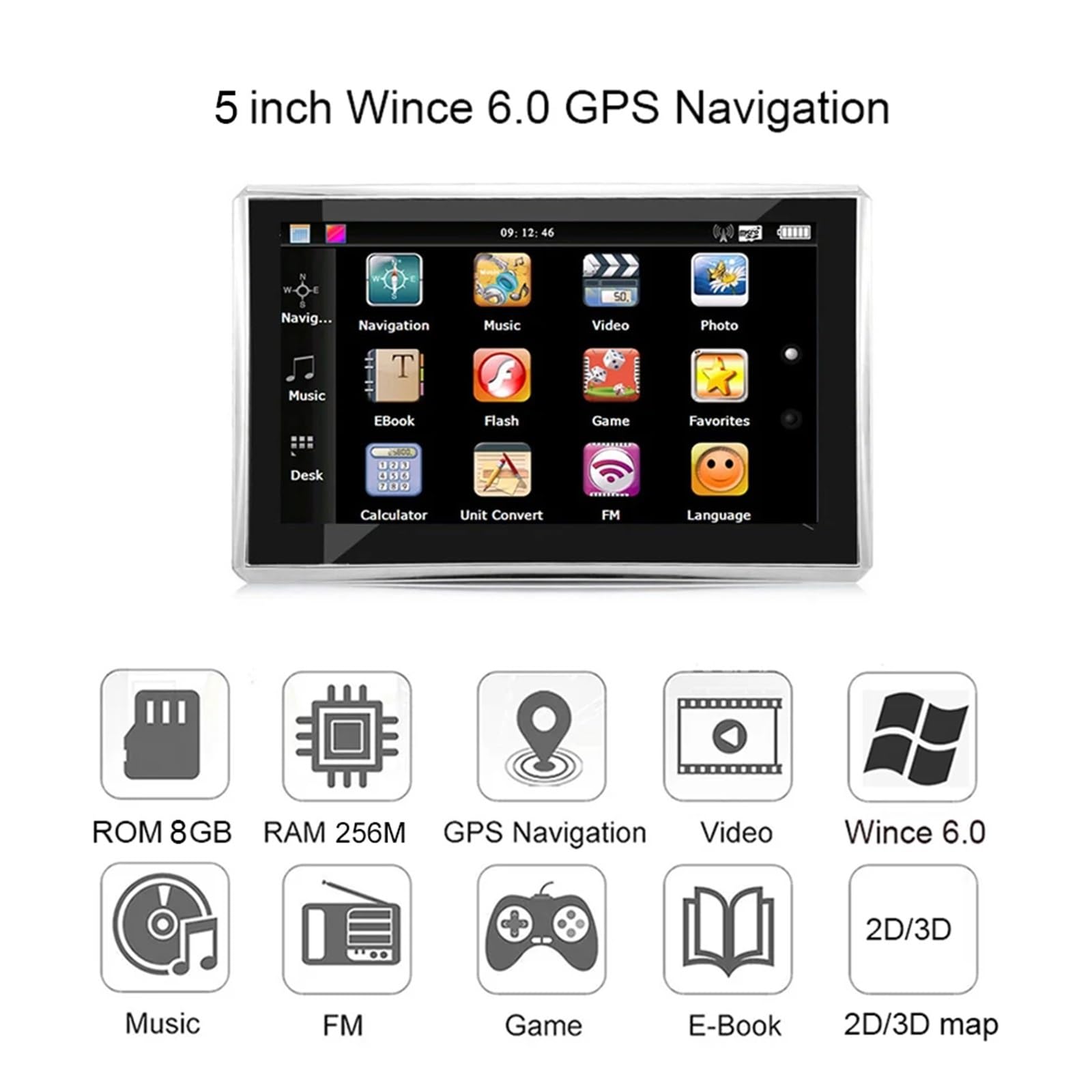 per Camper/rimorchi/Camion/ralle/Barche Navigazione for Auto da 5 Pollici Navigazione GPS MTK 6.0 Navigatore GPS for Veicoli FM/8 GB/DDR 256M