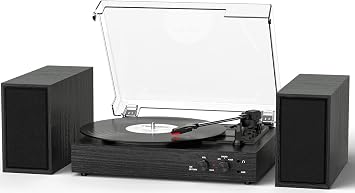 Vinyl Record Player with External Speakers, Vintage 3-Speed Turntable with Dual Speakers, Bluetooth Music Playback, MP3 PC Encoding, AUX Input Headphone Jack and RCA Out, Black Wood