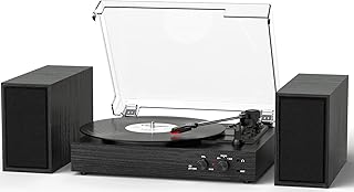 Vinyl Record Player with External Speakers, Vintage 3-Speed Turntable with Dual Speakers, Bluetooth Music Playback, MP3 PC Encoding, AUX Input Headphone Jack and RCA Out, Black Wood