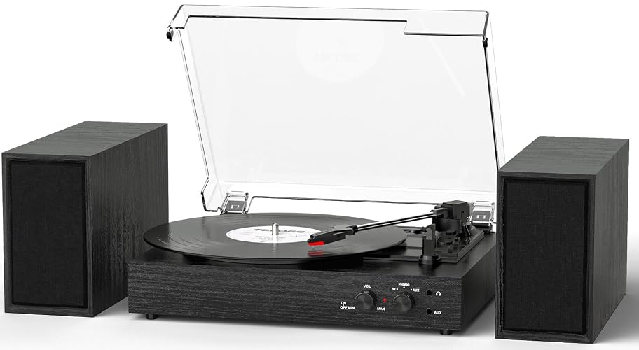 Vinyl Record Player with Bluetooth and External Stereo Speakers, | Vinyl to MP3 Converter | 3-Speed Turntable with USB Recording, AUX Input, RCA Output, Headphone Jack, Auto Stop, Black - Black
