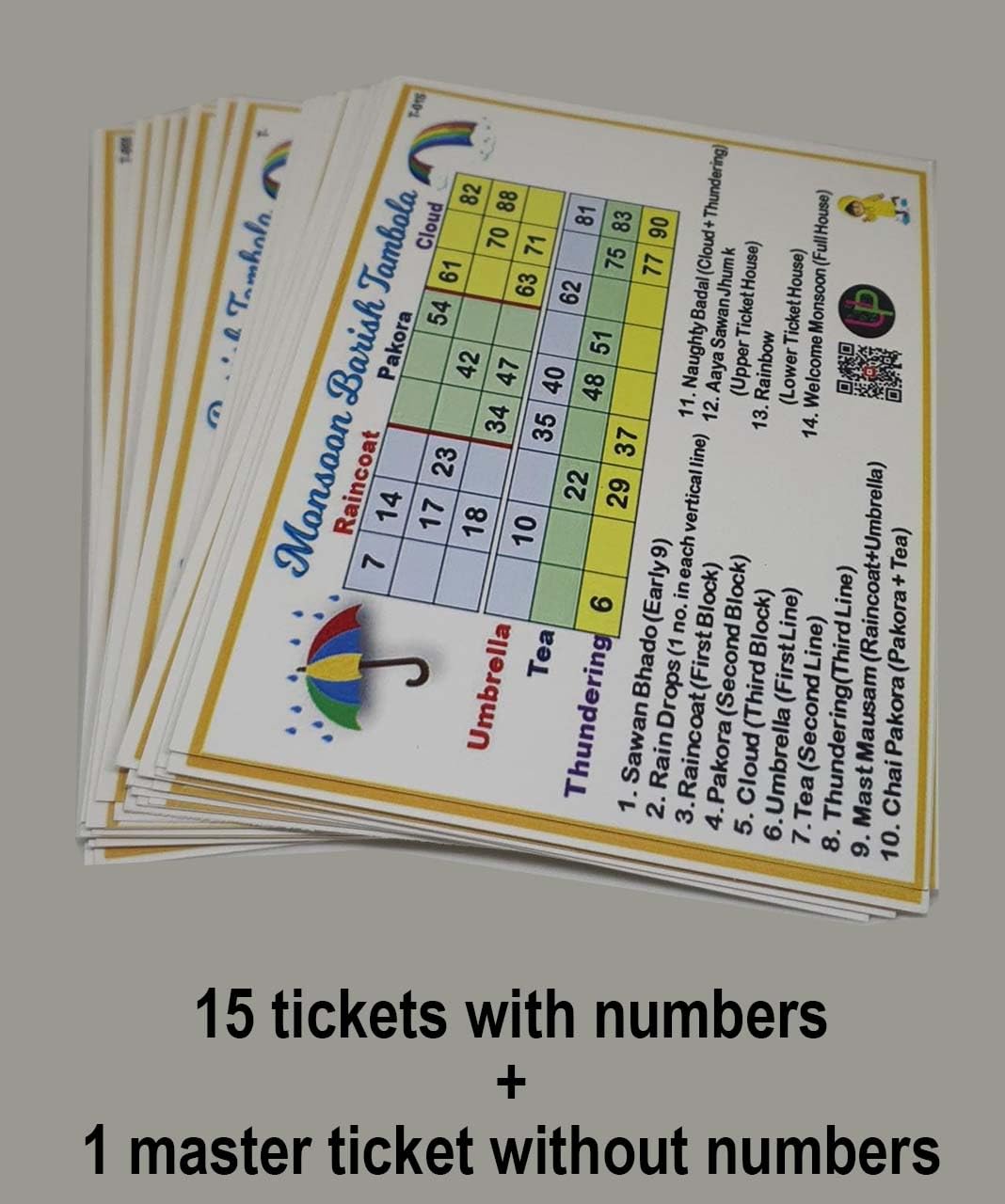 UltPult Tambola Monsoon Sawan Tambola Tickets - Umbrella Theme - English | Festive & Fun Bingo Housie Cards for Rainy Season Celebrations | for Kitty Parties & Themed Events (Set of 15 Tickets) 1