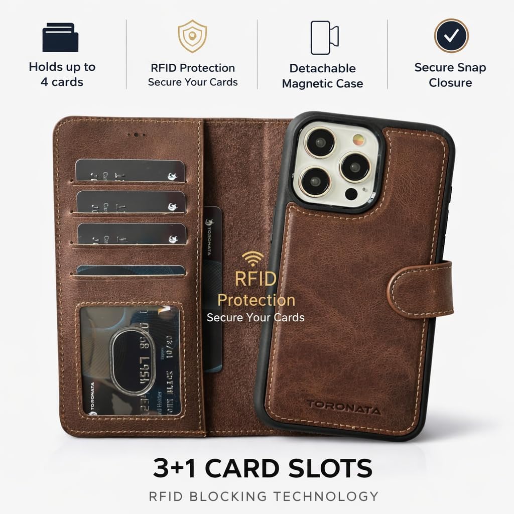 Vegas Wallet Phone Case Compatible with iPhone 15 Pro 6.1in – Elegant Full-Grain Leather Phone Case Wallet – Card Holder Wallet RFID Blocking with Kickstand, Card Slots (Dark Brown)