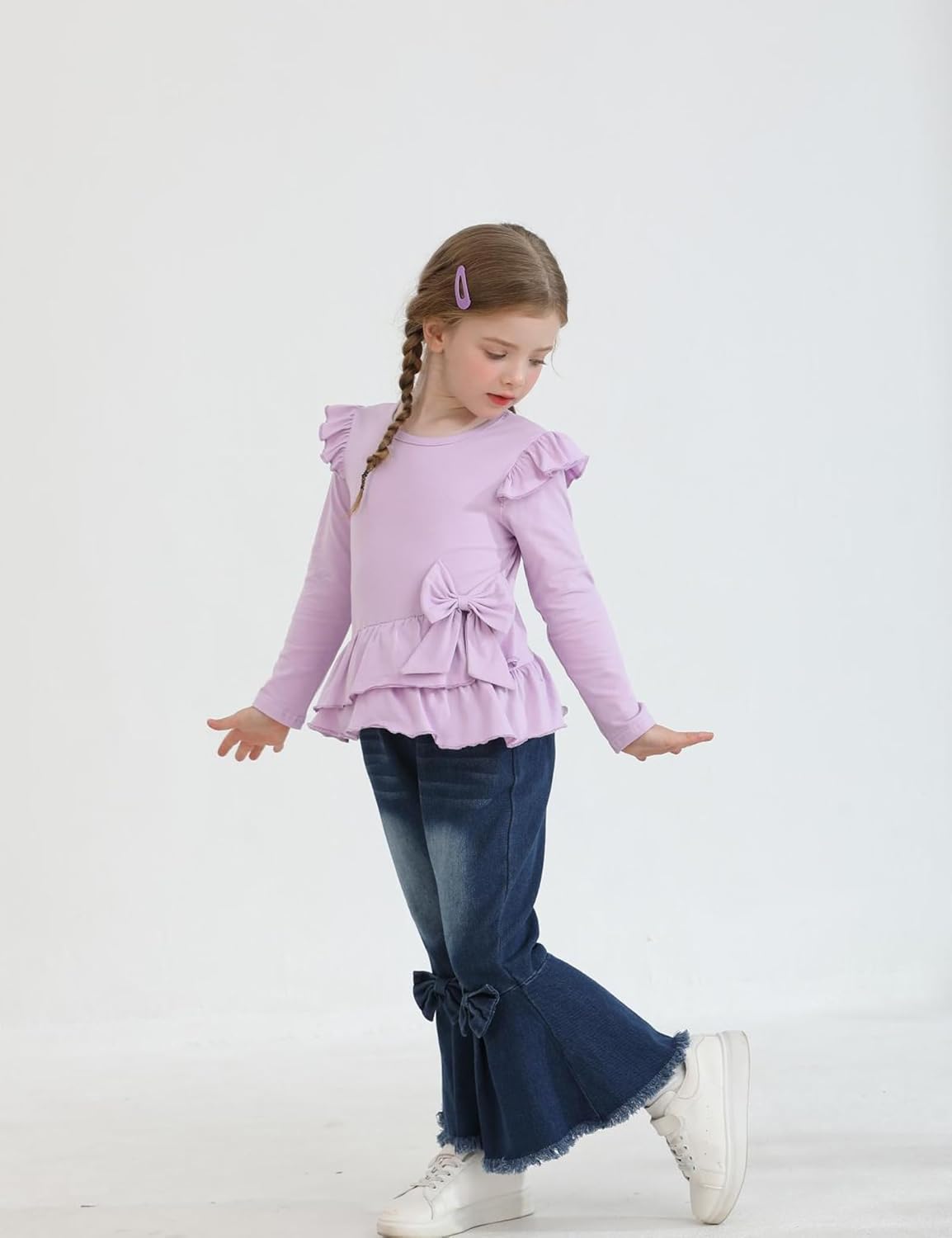 Toddler Girl Clothes Solid Color Ruffle Bowtie Top and Flare Pants Set Girls Fall Winter Outfits for 2-7 Years - Image 3