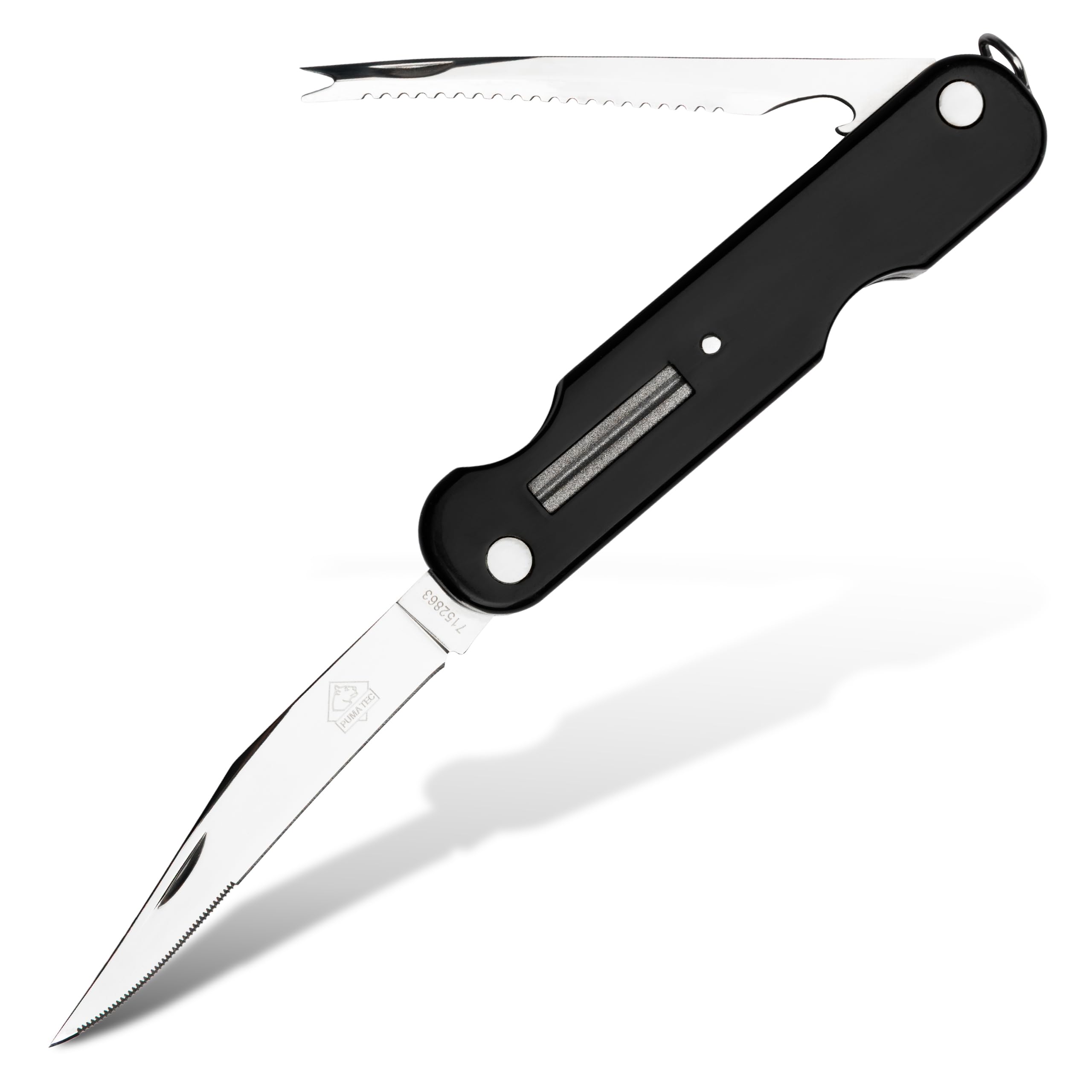 PUMA TEC - Universal Anglermesser 863 – Klappmesser für Angler mit 95 mm Klinge, 2,5 mm stark – Slip-Joint Arretierung – Schuppenschaber mit Hakenlöser & Flaschenöffner – mit Ködernadel & Schleifstein