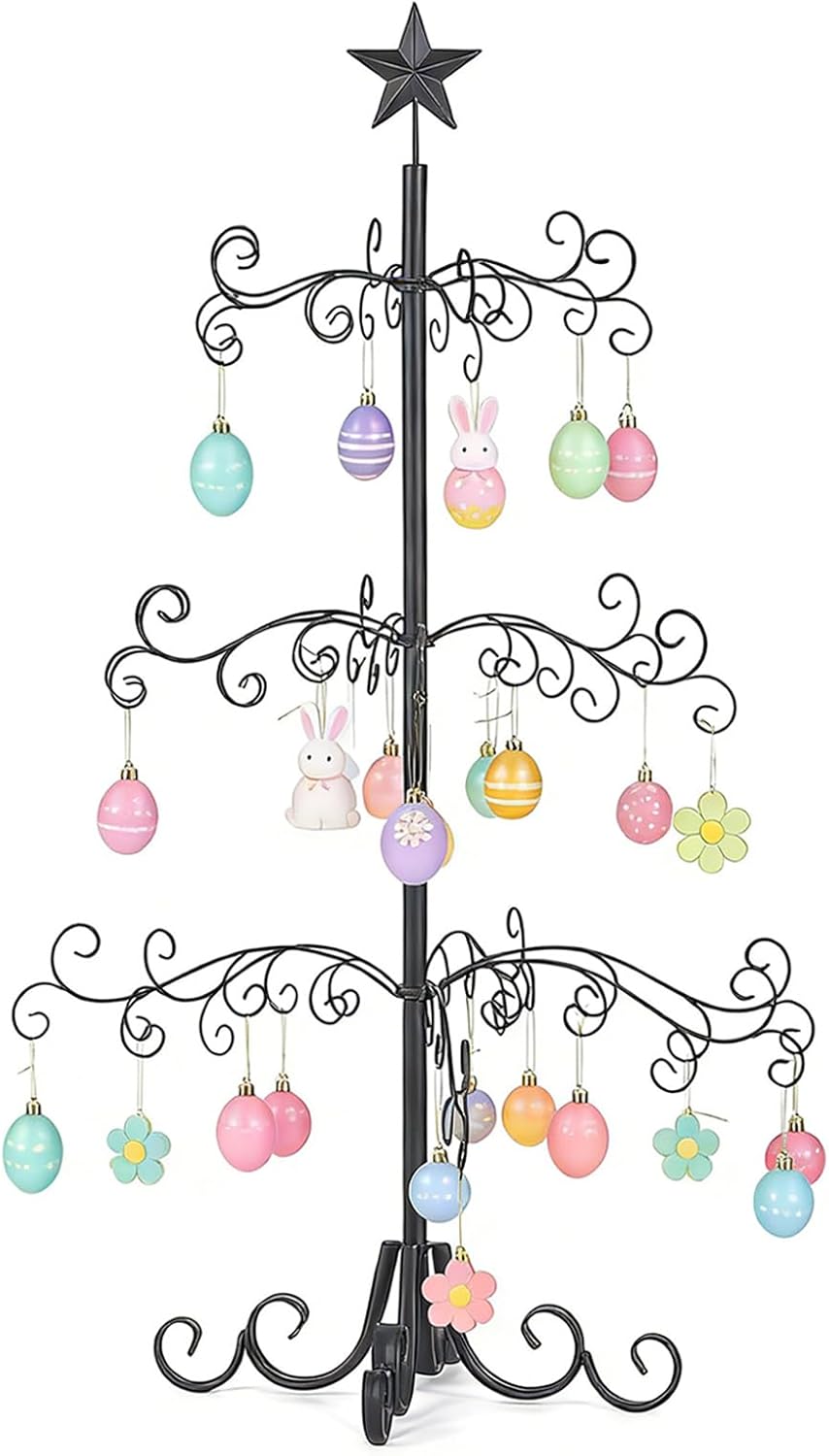 Decorative Metal Ornament Display Tree, 3 Ft Ornament Holder Display Stand, Black Christmas Tree Ornaments Hanger Stands, 3 Tier Ornaments Displays Tree Rack for Easter Christmas Decorations