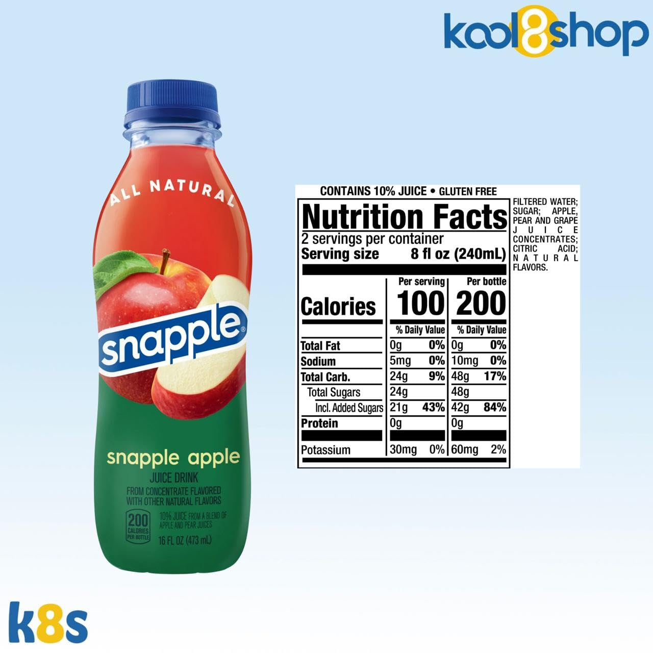 Snapple Apple All Natural Fruit Juice 16 fl oz Plastic Bottles 16 Pack + 15 Sugarcane Disposable Straws by KOOL8SHOP Infinite Deals