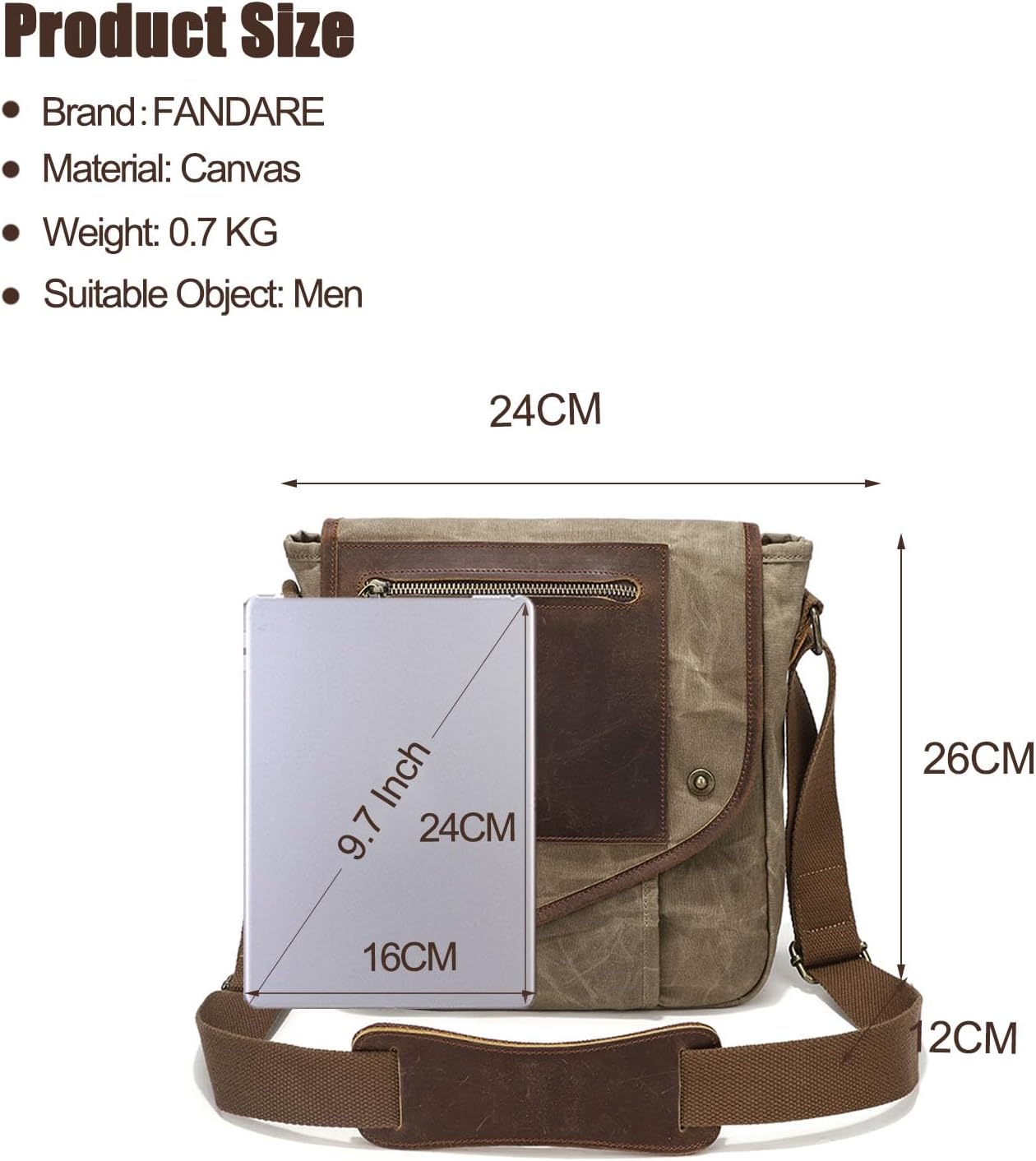 FANDARE Retro Men's Shoulder Bags Canvas man bags for men Crossbody Bag Messenger Bags for Men Women Cover Pack Work Professional Business Office Travel Satchel Bag Khaki