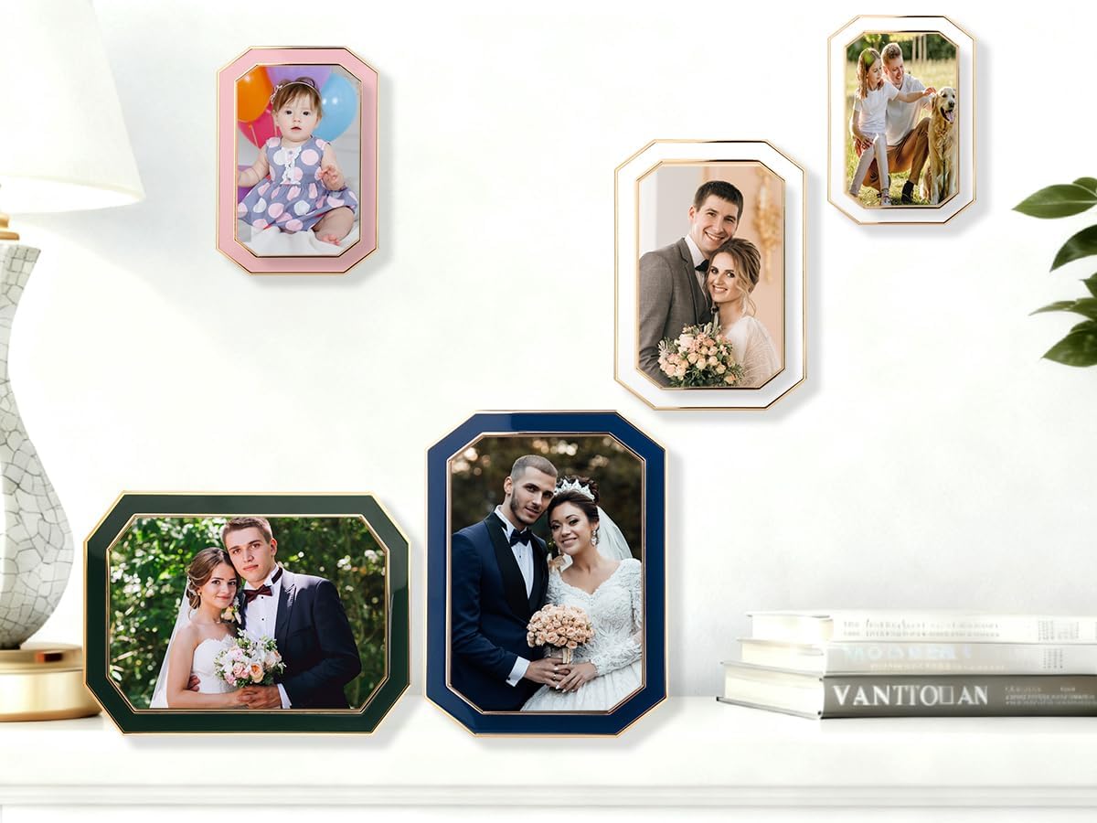 YiPinYin 5x7'' White Enamel Picture Frames 2Pack with Gold Plated Edge - HD-Real Glass & Velvet Back, Wall/Tabletop Display for Family Portraits
