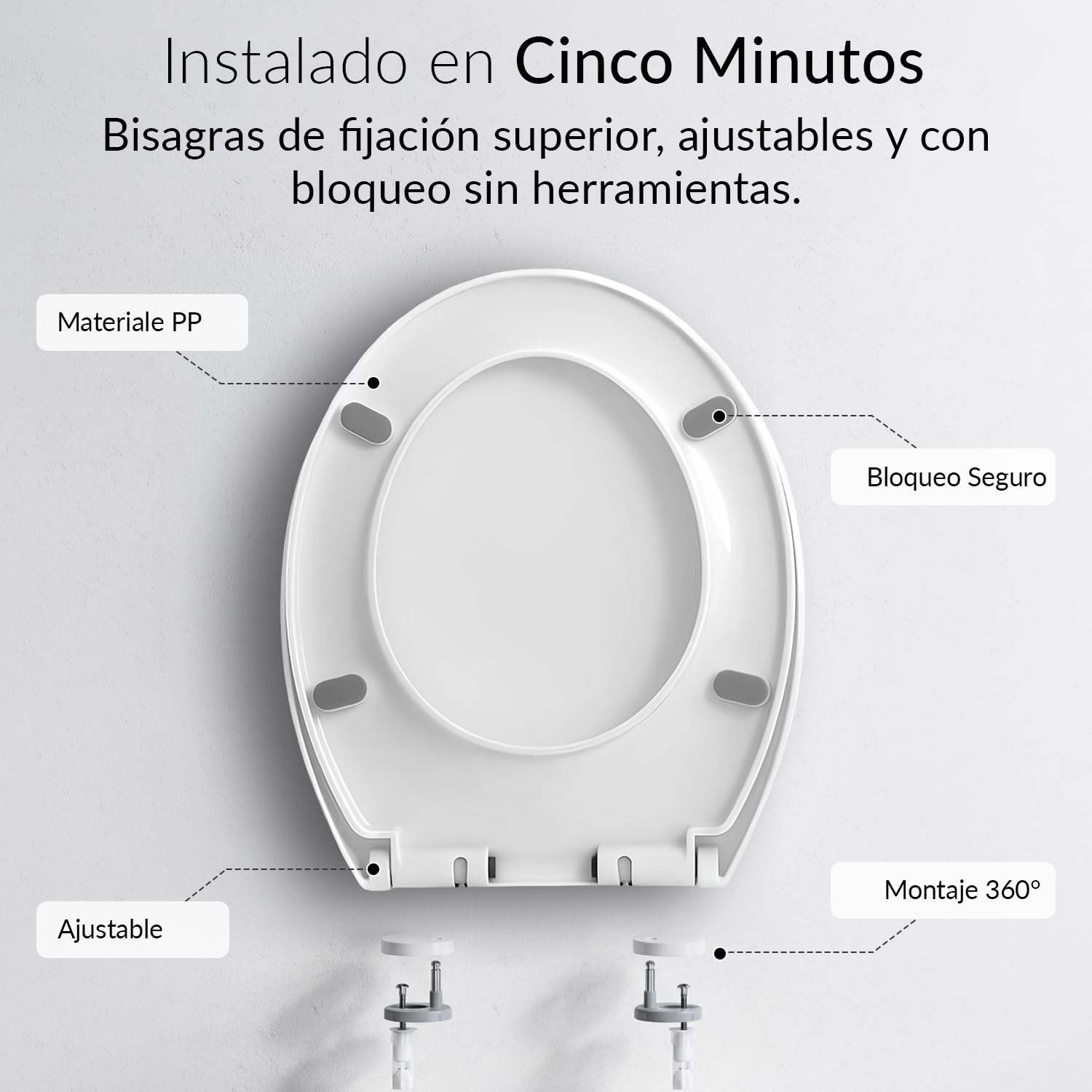 Tapa WC Universal Forma Ovalada Blanca con Cierre Amortiguado, Asiento Inodoro Blanco con Bisagras Desmontables, Tapadera WC Compatible con Inodoros Forma O